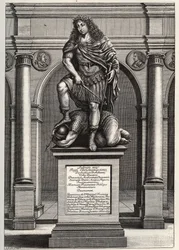 Alegoria przedstawiająca króla Ludwika XIV (1638-1715) miażdżącego wrogów. Rycina J. Frosne z 1653 r. Ze zbiorów prywatnych.