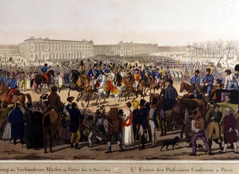Alianci wkroczyli do Paryża 31 marca 1814 (Rosja Aleksander I, cesarz austriacki Franciszek Józef I i król pruski Fryderyk Wilhelm III).