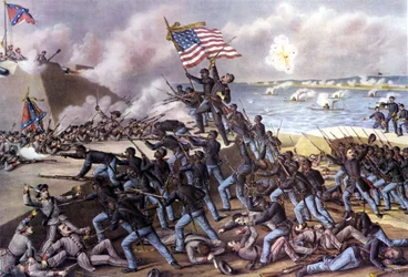 Wojna secesyjna (1861 - 1865): atak 2000 czarnoskórych ochotników na Fort Wagner na Jekyll Island u wybrzeży Georgii w lipcu 1863. Rycina z XIX wieku.
