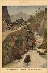 Wypadek czołgu na ławce w Sabaudii, pojazd przewraca się, a pasażerowie wytrącają się w Arly. Grawerowanie w „”Le petit journal”” 2.08.1896. Kolekcja Selvy.