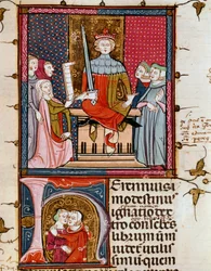 Cudzołożna kobieta występująca przed sędzią miniatur z „Justiniani in Fortiatum” Fol. 39 XIV-wieczna Biblioteka Królewska Klasztoru Escorial (Escorial), Hiszpania