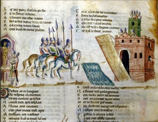 Armia zbliża się do zamku. Miniatura z „Roman de Troie” Benoîta de Sainte-Maure. XIV wiek, Biblioteca Marciana, Wenecja.