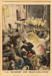 Atak anarchistów w Barcelonie, wybuch bomby w procesji opuszczającej kościół Santa Maria, street nuevos cambios. Grawerowanie w „”Le petit journal”” 21.06.1896. Kolekcja Selvy.