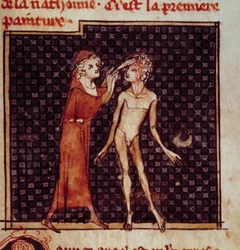 Rysunek anatomiczny: Chirurg nacina czoło pacjenta. Miniatura z rękopisu „Chirurgia” (Folio 8) autorstwa Henri de Mondeville (chirurg profesora anatomii Philippe Le Bel)