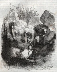 Angelique (Angelica) uciekająca przed starym pustelnikiem - rycina z 1851 r. z „Wściekły Roland” (Orlando furioso) (XVI w.) Ludovico Ariosto, znanego jako Ariosta - Wydanie przetłumaczone z włoskiego przez hrabiego Tressan i wydane przez Gustave
