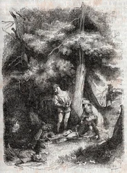 Angelique (Angelica) ratuje Medora (Medoro) wesse - rycina z 1851 roku z „”Furious Roland”” (Orlando furioso) (XVI wiek) autorstwa Ludovico Ariosto, znanego jako Ariosta – wydanie przetłumaczone z języka włoskiego przez hrabiego Tressan i wydane przez Gust