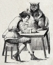 Anonimowa ilustracja do „”Le chat Botte””, opowiadania Charlesa Perraulta (1628-1703), francuskiego pisarza. Zdjęcia Marcel Vagne, Jarville Nancy, bez daty (koniec XIX wieku).