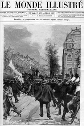 Demonstracja antypiekarska: demonstracja na Placu Świętego Michała, podczas której palą się kopie „Latarni”. Rysunek Gerardina na okładkę „Świata sławnego”” z 1888 r.