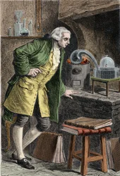 Antoine Laurent Lavoisier (1743-1894), francuski chemik, badający istnienie tlenu w powietrzu: doświadczenie, w którym otrzymał tlenek rtęci - Lavoisier w swoim laboratorium. Rycina z XIX wieku.