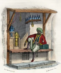 Arabski kupiec przed swoim sklepem, Algier