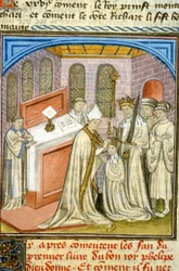 Arcybiskup koronowany Philippe Auguste w 1179 - Iluminacja średniowiecza (ref. 512, 226r) Prośba o zgodę Biblioteki Miejskiej w Tuluzie (tel: 05 62 27 66 66)