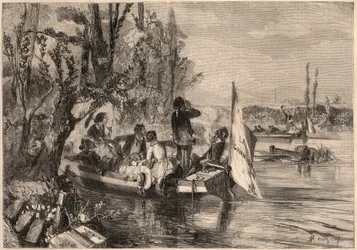 Dookoła Paryża w 1857 r. Kajakarze w Asnieres. Grawer w „Le Monde illustrious” z 1857 r. Ze zbiorów prywatnych.