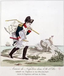 Przybycie Napoleona na wyspę Elbę, niosącego pod pachą Kodeks Napoleona - w „Napoleon I, karykatury, kolekcja manekinów”, ok. 1814