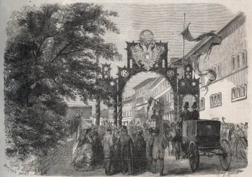 Przybycie Impress Elisabeth Austria (Sissi) (Elisabeth Austria) w Bad Kissingen (Spa) w 1865 - grawerowanie w „The Illustrous World” z 1865