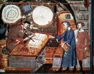 Sklep rzemieślniczy w XIV wieku. Miniaturowy rękopis z XIV wieku. Biblioteca Medicea Laurenziana, Florencja.