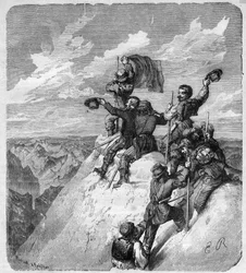 Wniebowstąpienie Illimani (6,439 m) (Nevado Illimani, szczyt Paryża) autorstwa Charlesa Wienera (1851-1913) francuskiego odkrywcy i dyplomaty oraz jego towarzyszy - rycina w „” Journal des voyages””” 1887