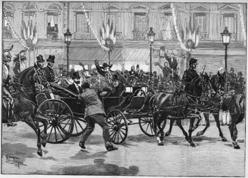 Zamach na prezydenta Republiki Sadiego Carnota (1837-1894), dokonany przez anarchistę Caseria. 24 czerwca 1894.