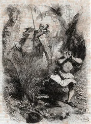 Astolphe zmusza Caligorant do ucieczki - 1851 grawerowanie z „” Furious Roland”” (Orlando furioso) (XVI wiek) przez Ludovico Ariosto, znanego jako Ariosto – wydanie przetłumaczone z włoskiego przez hrabiego Tressan i opublikowane przez Gustave