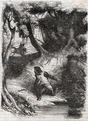 Astolphe na skraju fontanny - rycina z 1851 r. z „”Wściekły Roland”” (Orlando furioso) (XVI w.) Ludovico Ariosto, zwanego Ariosta - Wydanie przetłumaczone z języka włoskiego przez hrabiego Tressan i wydane przez Gustave