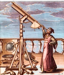 Astronom obserwujący niebo przez teleskop - z: Jan Heweliusz (1611-1687), Selenographia, sive Lunae descriptio (Selenografia, czyli Opis Księżyca)