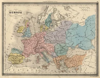 Atlas Europy w 814: Imperia Zachodu i Wschodu. Plan czerpie z „”Universal Atlas of Ancient and Modern Geography”” autorstwa Vuillemina. sd. około 1851 roku.