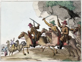 Atak na karawanę wielbłądów przez grupę Kirgizów (turecki lud pochodzenia środkowoazjatyckiego pochodzenia mongolskiego) na koniu, Deb. 19 wiek