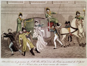 Atak na księcia Berry – Louis Pierre Louvel podczas opuszczania Opery 13 lutego 1820 r. Grawerowanie XIX wieku.