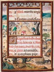 Sierpień. Chłopi w pracy. Strona rękopisu „Księga godzin” Manuela I Portugalii (1469-1521) 1517. Lizbona, Museo di Arte Antica