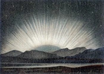 Aurora borealis z 6 sierpnia 1871, studiowana w Królewskim Obserwatorium w Edynburgu o północy, o wschodzie księżyca – wg J. Hanna „Geologia ogólna””