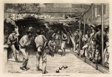 Piłkarze w Rzymie (Włochy). Rycina ilustrująca podróż do Rzymu autorstwa Francisa Weya w latach 1864-1868, opublikowana w „Le tour du monde, nouveau journal des voyages”, pod kierunkiem Edouarda Chartona