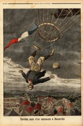 Wypadek balonowy w Beuzeville, po utracie gazu, stracił kontrolę i spadł ze swojego balonu, którym wsiadł bez gondoli. Grawerowanie w „”Le petit journal”” 30.07.1899. Kolekcja Selva.