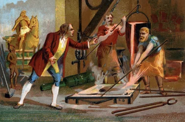 Balthazar Keller (1638-1702), ojciec złota i założyciel, dno pojedynczego odrzutowca pierwszy pomnik konny z 1699 roku. Późna chromolitografia z XIX wieku.