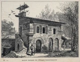 Dom Barbarzyńców okresu Gallo-Roman (Gallo-Roman) - (Dom Barbarzyńców z epoki Gallo-Roman) grawer z 1889 r. w „Historia zamieszkiwania ludzi na Wystawie Powszechnej z 1889 r., autorstwa Charlesa GARNIERA - Librairie centrale des beaux-arts Paris 1889