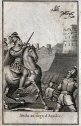 Najazdy barbarzyńców - Attyla (ok. 406-453), król Hunów, podczas oblężenia Akwilei (Akwilei) we Włoszech, 452. Grawer w redige „Beaute de l