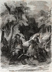 Bitwa między Rolandem a Ferragusem - rycina z 1851 r. z „Wściekły Roland” (Orlando furioso) (XVI w.) Ludovico Ariosto, zwanego Ariosta - Wydanie przetłumaczone z języka włoskiego przez hrabiego Tressan i wydane przez Gustave