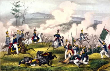 Bitwa pod Palo Alto: 08.05.1846 pomiędzy 2900 Amerykanami pod dowództwem generała Taylora i 6000 Meksykanami pod dowództwem generała Aristy. Grawerowanie XIX wieku.