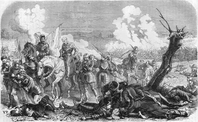 Bitwa pod Saint Quentin w 1557 roku, epizod długiej wojny z Królestwem Francji i Hiszpanii. Gawura z XIX wieku.