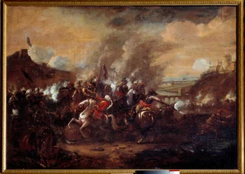 Bitwa pod Wiedniem: „Zniesienie oblężenia Wiednia przez Turków we wrześniu 1683 r.” Zwycięstwo wojsk koalicji chrześcijańskiej pod dowództwem Jana III Sobieskiego, Leopolida I i Karola Lotaryńskiego. Anonimowy obraz z XVII wieku. Nancy, historyk muzeów