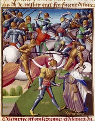 Bitwa żołnierzy cesarza Othona I (Otton lub Othon I, 912-973). Miniatura w „”Zwierciadle historycznym”” (Wziernik historyczny) Vincenta de Beauvais (1190-1264) w tłumaczeniu na francuski Jean de Vignay