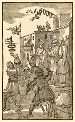 Oto Targi Próżności! z książki Johna Bunyana (1628-1688) The Pilgrims Progress From This World, To That Co Nadchodzi. Christian wjeżdża do miasta Vanity Fair i widzi towarzyszy pielgrzymów w łańcuchach.