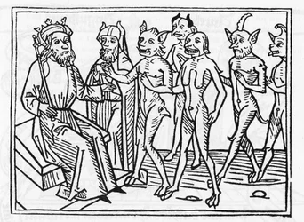 Proces Beliala: „Demon Belial, w towarzystwie czterech innych demonów, staje przed sędzią Salomonem”. „Rycina z dzieła ‘Proces Beliala’ Jacobusa de Teramo (lub Palladina), Augsburg”
