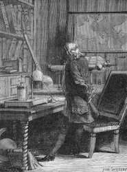 Benjamin Franklin w swoim laboratorium fizycznym w Filadelfii. W „Albumie nauki””, Editions Jouvet