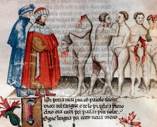 Bertrand de Born trzyma odciętą głowę (pieśń 28 z piekła w Boskiej Komedii) - miniatura XV w.,