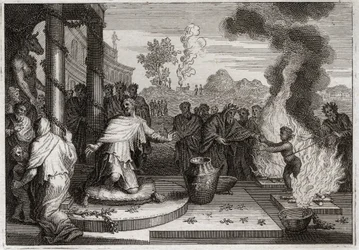 Biblia Royaumont, Stary Testament: Achaz Unholy King. Niegodziwy Achaz, król Judy, irytuje Boga i zostaje wydany wrogom. Ilustracja z 1811 roku.