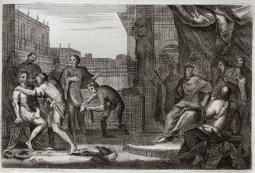 Biblia Royaumont, Stary Testament: Ambasadorowie Dawida. Dawid wysłał Joaba przeciwko Ammonitom, aby zemścił się za zniewagę, jaką Hanon, ich książę, wyrządził swoim ambasadorom, których wziął za szpiegów. Ilustracja z 1811 roku.