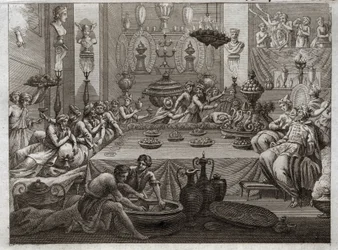 Biblia Royaumont, Stary Testament: Baltazar potępia. Król Baltazar (Belshatsar) widzi przy stole rękę, która w trzech słowach pisze koniec jego zdania. Ilustracja z 1811 roku.