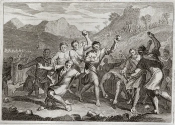 Biblia Royaumont, Stary Testament: Bluźnierca Lapide. Bóg czyni z kamienia bluźniercę swego świętego imienia, a drugiego, który naruszył święty szabat (szabat, szabat, szabat, szabat, szabat), zbierając trochę słomy na polu. Ilustracja z 1811 roku.