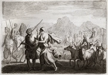 Biblia Royaumont, Stary Testament: Powołanie Abrahama. Bóg wzywa Abrahama i nakazuje mu opuścić ziemię Chaldejczyków i wejść do ziemi, którą obiecał mu dać. Ilustracja z 1811 roku.