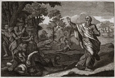 Biblia Royaumont, Stary Testament: Dzieci pożerają niedźwiedzie. Dzieci śmiejące się z łysiny Elizeusza są rozdzierane przez niedźwiedzie. Ilustracja z 1811 roku.