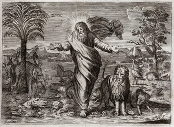 Biblia Royaumont, Stary Testament: Stworzenie Świata. Bóg ciągnie niebo i ziemię znikąd iw ciągu sześciu dni zdobi je i ludzi wszelkiego rodzaju stworzeń. Ilustracja z 1811 roku.